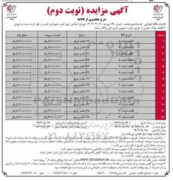 مزایده فروش 13 قطعه پلاک تجاری  - نوبت دوم