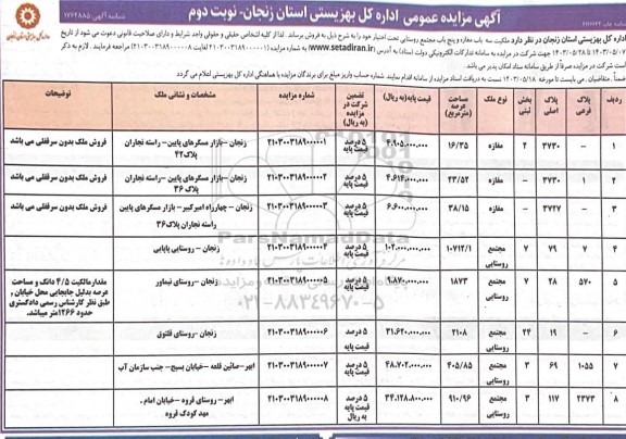 مزایده سه باب مغازه و پنج باب مجتمع روستایی نوبت دوم 