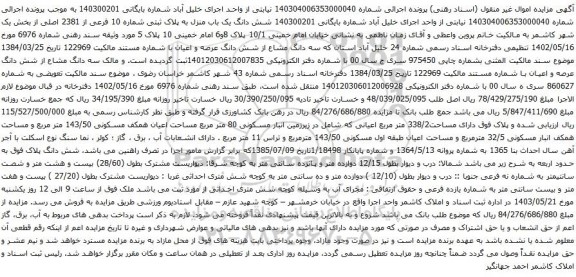 آگهی مزایده مشش دانگ یک باب منزل به پلاک ثبتی شماره 10 فرعی از 2381 اصلی از بخش یک شهر 