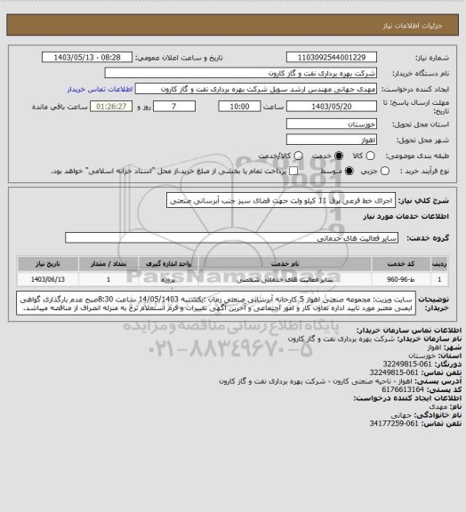 استعلام اجرای خط فرعی برق 11 کیلو ولت جهت فضای سبز جنب آبرسانی صنعتی