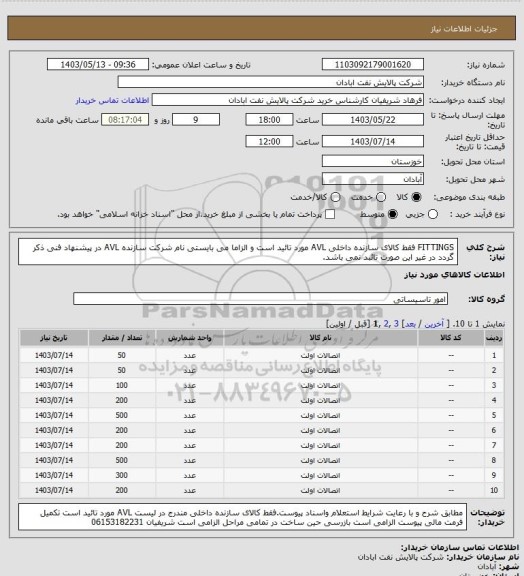 استعلام FITTINGS فقط کالای سازنده داخلی AVL مورد تائید است و الزاما می بایستی نام شرکت سازنده AVL در پیشنهاد فنی ذکر گردد در غیر این صورت تائبد نمی باشد.