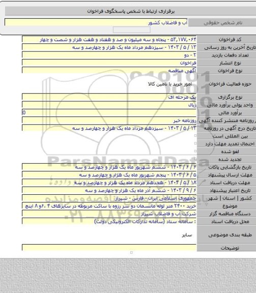 مناقصه, خرید ۲۴۰۰ متر لوله مانسمان دو سر رزوه با ساکت مربوطه در سایزهای ۴ ،۶و ۸ اینچ