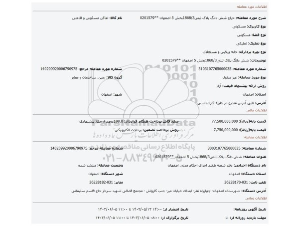 مزایده،  شش دانگ پلاک ثبتی1868/3بخش 5 اصفهان **0201579