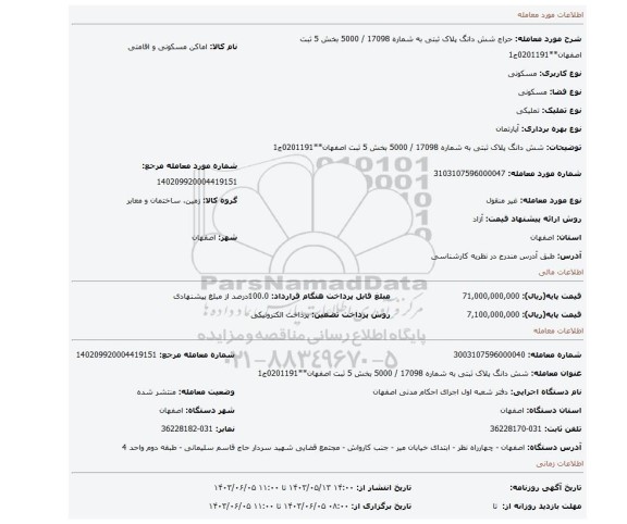 مزایده، شش دانگ  پلاک ثبتی به شماره 17098 / 5000 بخش 5 ثبت اصفهان**0201191ج1