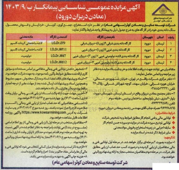 مناقصه ، مزایده  استخراج و جمع آوری ، کوبش ، خردایش و فروش محصول سنگ دانه بندی