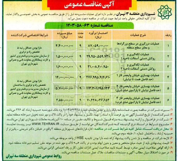 مناقصه عملیات درزگیری در سطح بزرگراه ها و معابر سطح منطقه و ... 