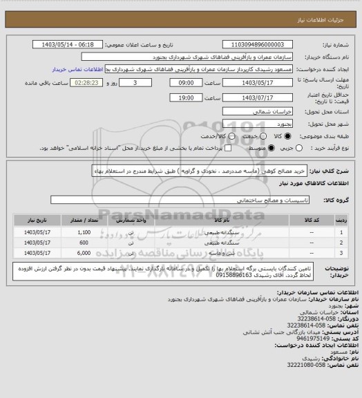 استعلام خرید مصالح کوهی (ماسه صددرصد ، نخودی و گراویه ) طبق شرایط مندرج در استعلام بهاء