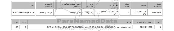 استعلام کیت تعمیراتی والو