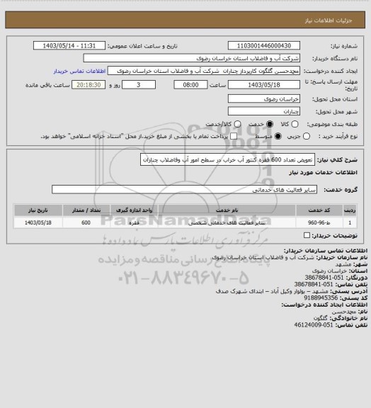 استعلام تعویض تعداد 600 فقره کنتور آب خراب در سطح امور آب وفاضلاب چناران