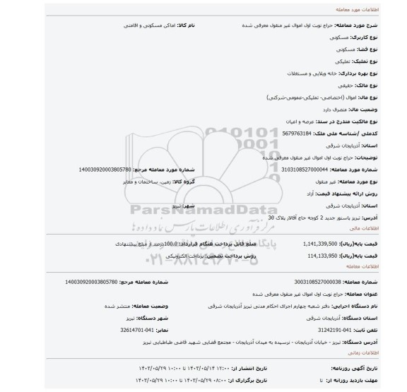 مزایده، حراج نوبت اول اموال غیر منقول معرفی شده