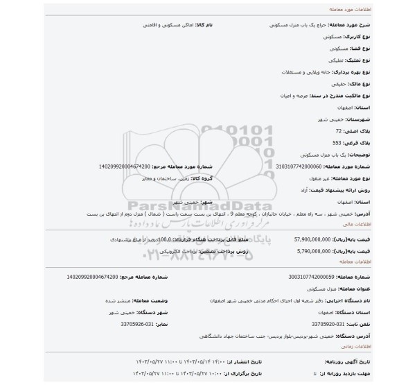 مزایده، یک باب منزل مسکونی