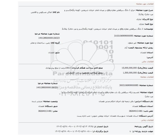 مزایده، 1 دانگ سرقفلی مغازه واقع در میدان امام- خیابان شریعتی- کوچه زنگنه(استر و مرد خای)- پلاک2