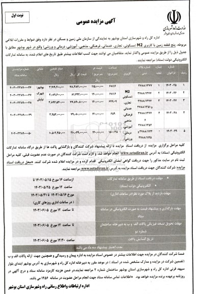 مزایده واگذاری پنج قطعه زمین با کاربری M2 (مسکونی، تجاری، خدماتی، فرهنگی، مذهبی، آموزشی، درمانی و ورزشی) 