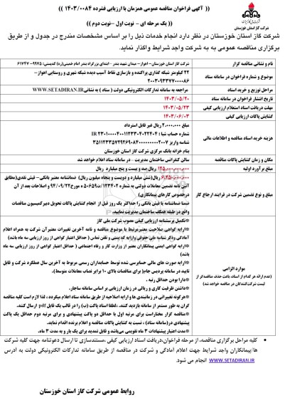 مناقصه 22 کیلومتر شبکه گذاری پراکنده و بازسازی ...