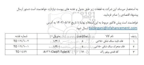 استعلام فک ثابت سنگ شکن 150 تنی...