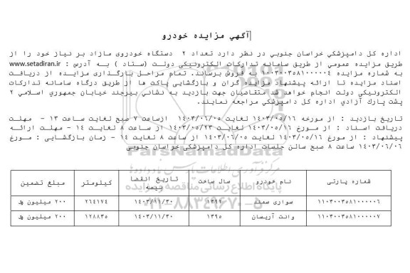 مزایده فروش تعداد 2 دستگاه خودرو 