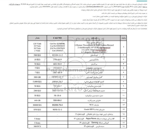 مناقصه مواد اولیه مورد نیاز تولید خود 