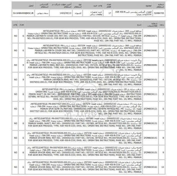 استعلام قطعات گیربکس پروسس تایپASR 450-R-CCW(واحد زمزم)