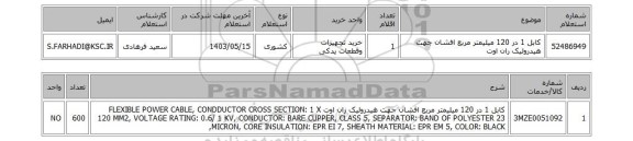 استعلام کابل 1 در 120 میلیمتر مربع افشان جهت هیدرولیک ران اوت