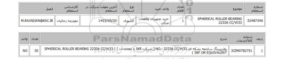 استعلام  SPHERICAL ROLLER BEARING 22326 CC/W33