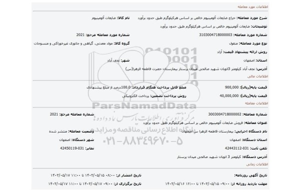 مزایده، ضایعات آلومینیوم خالص بر اساس هرکیلوگرم طبق حدود برآورد