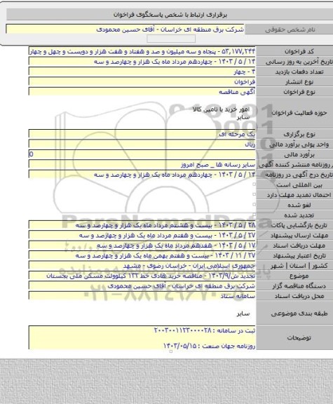 مناقصه, تجدید ش/۱۴۰۳/۹ - مناقصه خرید هادی خط ۱۳۲ کیلوولت مسکن ملی بجستان