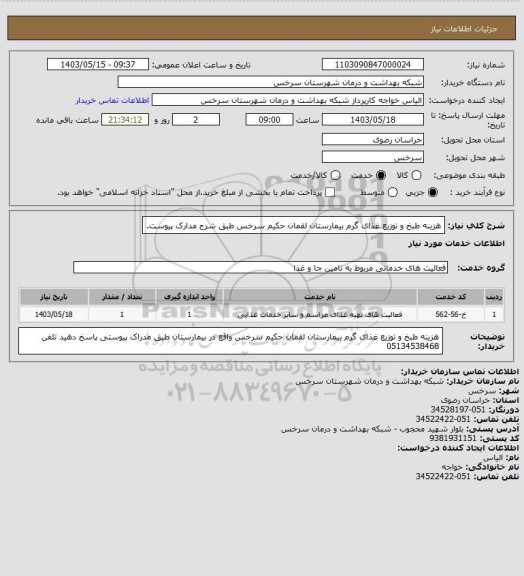 استعلام هزینه طبخ و توزیع غذای گرم بیمارستان لقمان حکیم سرخس طبق شرح مدارک پیوست.