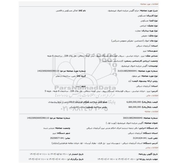 مزایده، آگهـی مـزایده امـوال غیرمنقـول