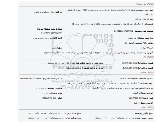 مزایده، 6 دانگ یک واحد آپارتمان با مشخصات ثبتی شماره 5167 فرعی از 43 اصلی بخش 04