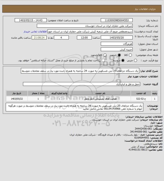 استعلام یک دستگاه جراثقال 25 تنی تلسکوپی به صورت 24 ساعته به همراه راننده مورد نیاز در سقف معاملات متوسط