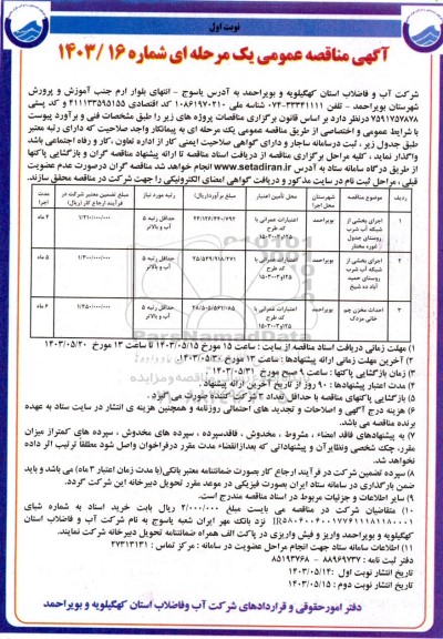 مناقصه اجرای بخشی از شبکه آب شرب و غیره ... نوبت دوم 