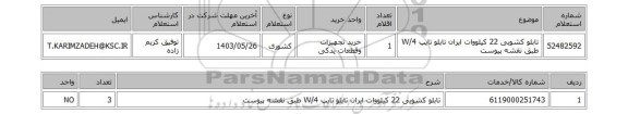 استعلام تابلو کشویی 22 کیلووات ایران تابلو تایپ 4/W طبق نقشه پیوست