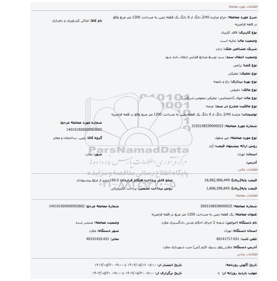 مزایده، مزایده 2/40 دانگ از 6 دانگ  یک قطعه زمین به مساحت 1200 متر مربع واقع در قلعه فرامرزیه