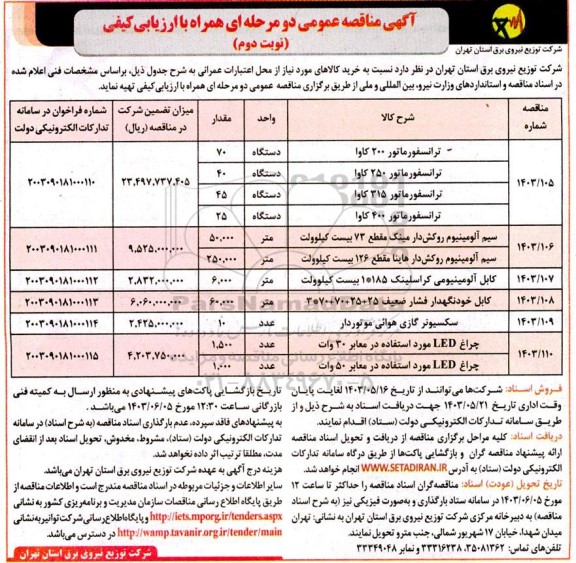 مناقصه  خرید کالاهای مورد نیاز ترانسفورماتور 200 کاوا ... - نوبت دوم 