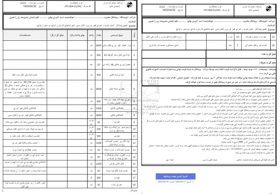 استعلام تعیین پیمانکار شناور خرید و اجرای فیبر نوری و کابل مسی ...