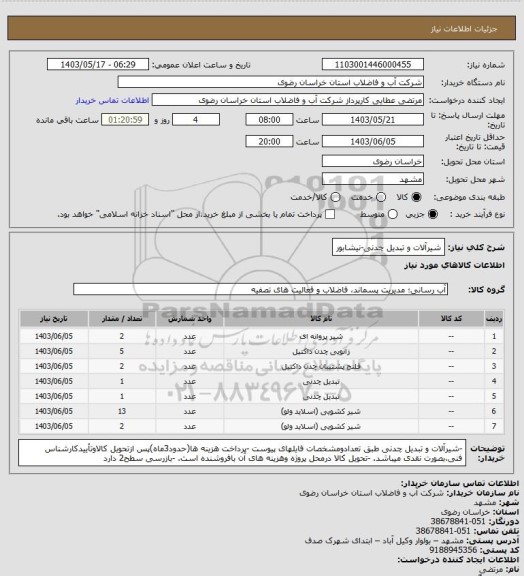 استعلام شیرآلات و تبدیل چدنی-نیشابور