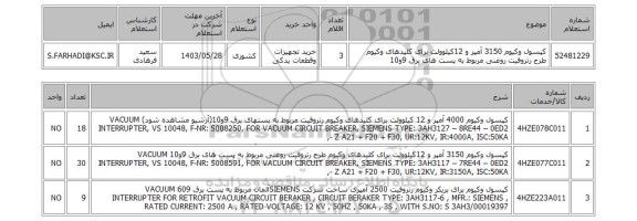 استعلام کپسول وکیوم 3150 آمپر و 12کیلوولت برای کلیدهای وکیوم طرح رتروفیت روغنی مربوط به پست های برق 9و10