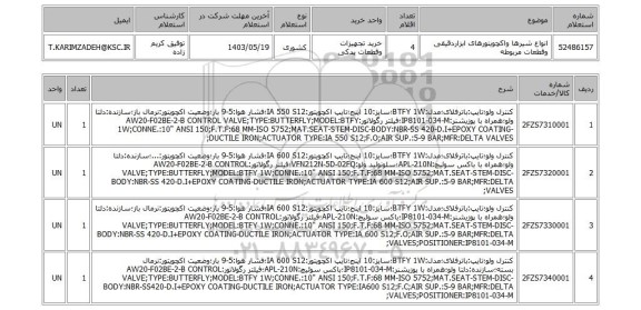 استعلام انواع شیرها واکچویتورهای ابزاردقیقی وقطعات مربوطه