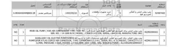 استعلام پمپ روغن اصلی و کمکی کمپرسور هوا