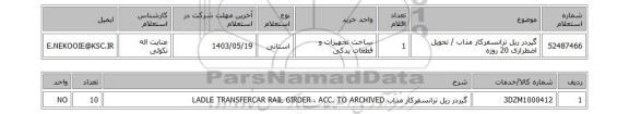 استعلام گیردر ریل ترانسفرکار مذاب / تحویل اضطراری 20 روزه