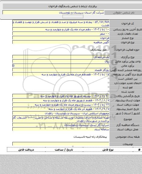 مناقصه, تهیه مصالح و اجرای عملیات توسعه شبکه و ساخت و نصب ۱۰۰۰ انشعاب گاز پراکنده در شهرستان زاهدان