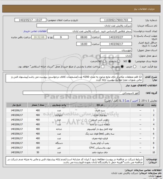 استعلام 12 قلم متعلقات مکانیزم جای مایع صابون به تعداد 4250 عدد/مشخصات کالای درخواستی پیوست می باشد/پیشنهاد فنی و مالی بصورات مجزا مطابق پیوست ارائه گردد