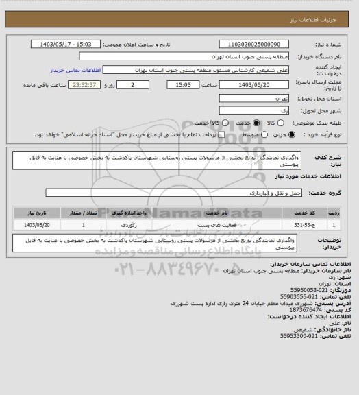 استعلام واگذاری نمایندگی توزیع بخشی از مرسولات پستی روستایی شهرستان پاکدشت به بخش خصوصی با عنایت به فایل پیوستی