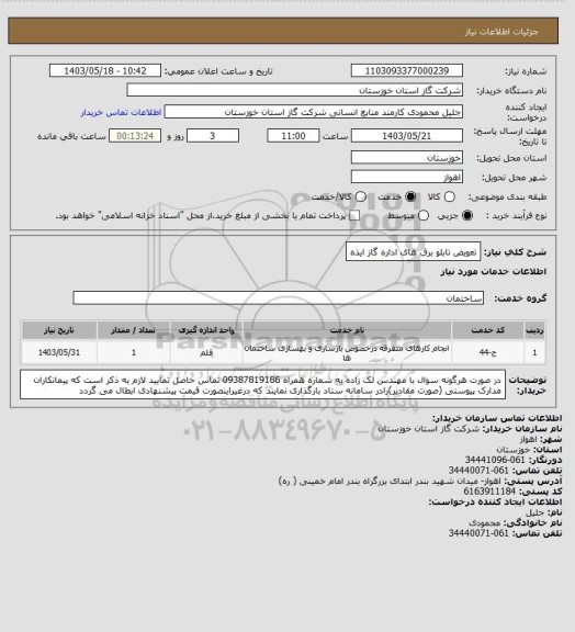 استعلام تعویض تابلو برق های اداره گاز ایذه