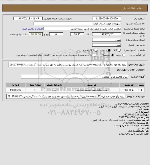 استعلام پروژه رفع موارد اضطراری 137منطقه 4 قزوین -کلیه مدارک پیوستی ممهور به مهر شرکت کننده گرددبابایی 09127840263