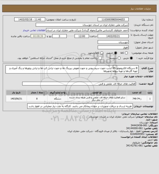 استعلام 8 دستگاه الکتروموتور 25 اسب جهت سیم پیچی و جهت تعویض بیرینگ ها و جهت تراش کپ ها و تراش روتورها و رنگ آمیزی و تهیه گاردها و تهیه پروانه تجهیزها