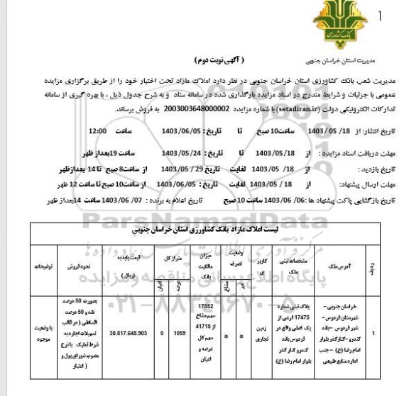 مزایده فروش املاک مازاد تحت اختیار با کاربری زمین تجاری - نوبت دوم