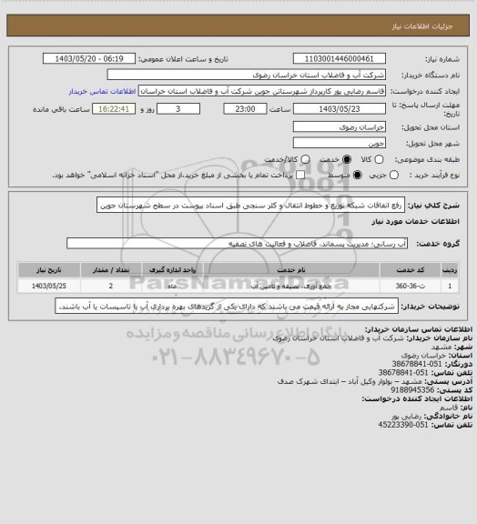 استعلام رفع اتفاقات شبکه توزیع و خطوط انتقال و کلر سنجی طبق اسناد پیوست در سطح شهرستان جوین