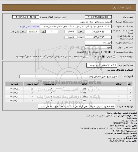 استعلام 4 قلم کالا مطابق شرح پیوست .