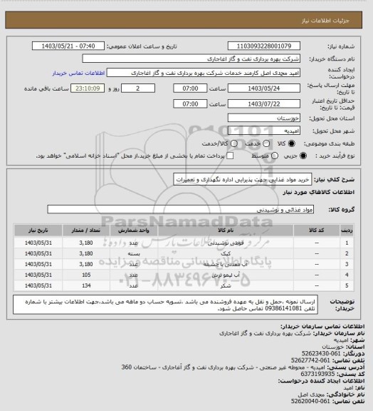 استعلام خرید مواد غذایی جهت پذیرایی اداره نگهداری و تعمیرات